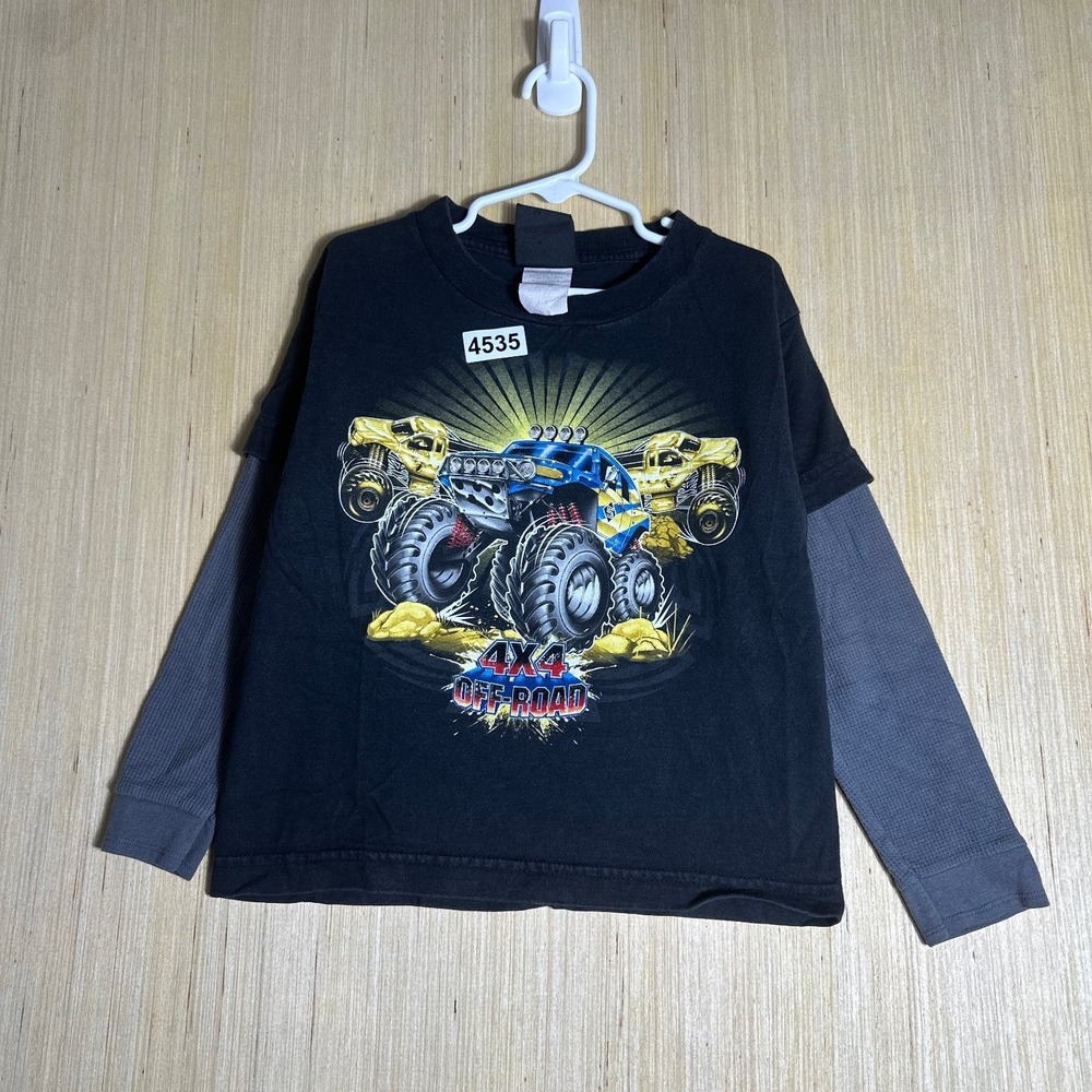 Vintage Top Heavy Shirt Toddler 4T Black Long Sleeve Graphic Print Monster Truck